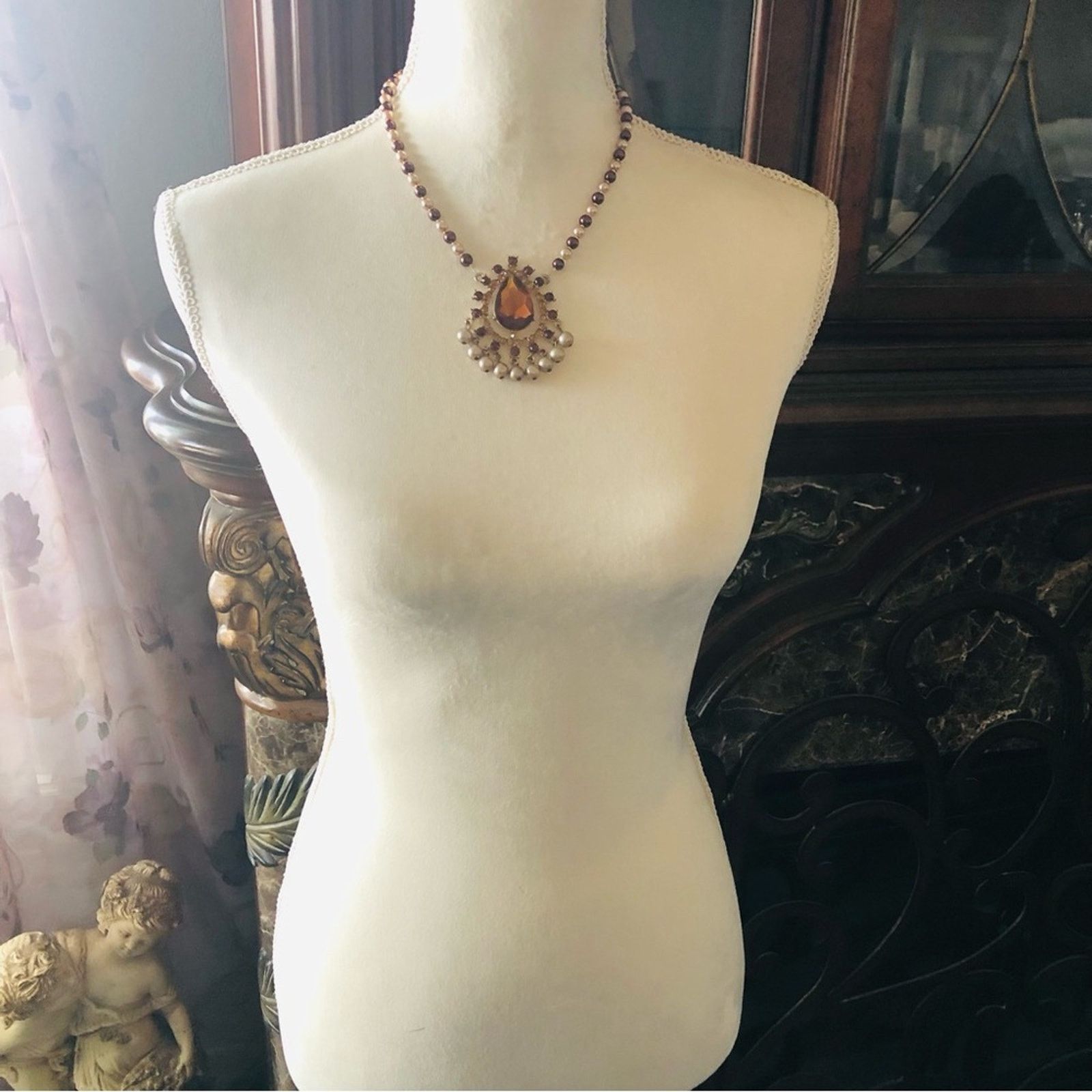 Handmade Handcrafted repurpose brown topaz pendant Pearl necklace Size ONE SIZE - 7 Thumbnail