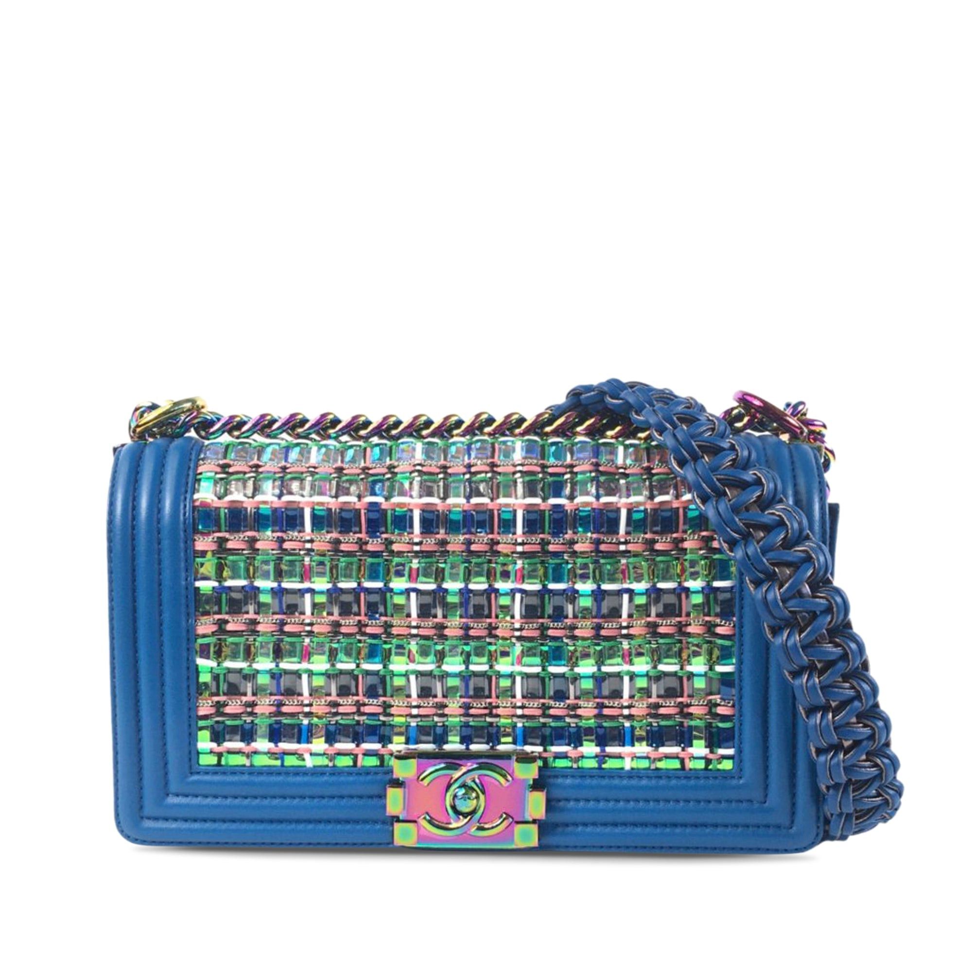 image of Chanel Medium Braided Lambskin Boy Flap Crossbody Bag in Blue, Women's