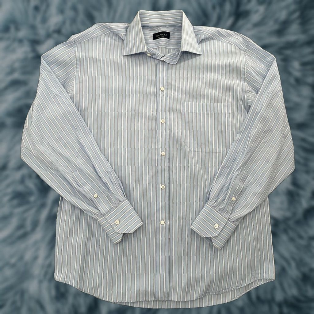 Canali VINTAGE Canali Dress Shirt Adult 16 Blue Striped Button Up Long Sleeve Cotton Italy Mens Size US L / EU 52-54 / 3 - 1 Thumbnail