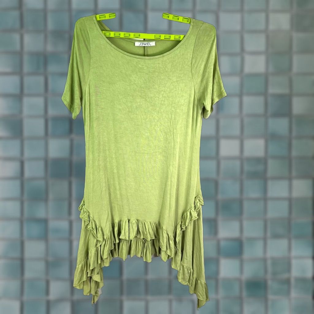 Vintage Jewel T-Shirt Dress Womens L Green Hi-Low Ruffle Boat Neck Knit Cotton Blend Casual Party/Cocktail/Workwear Size L / US 10 / IT 46 - 1 Thumbnail