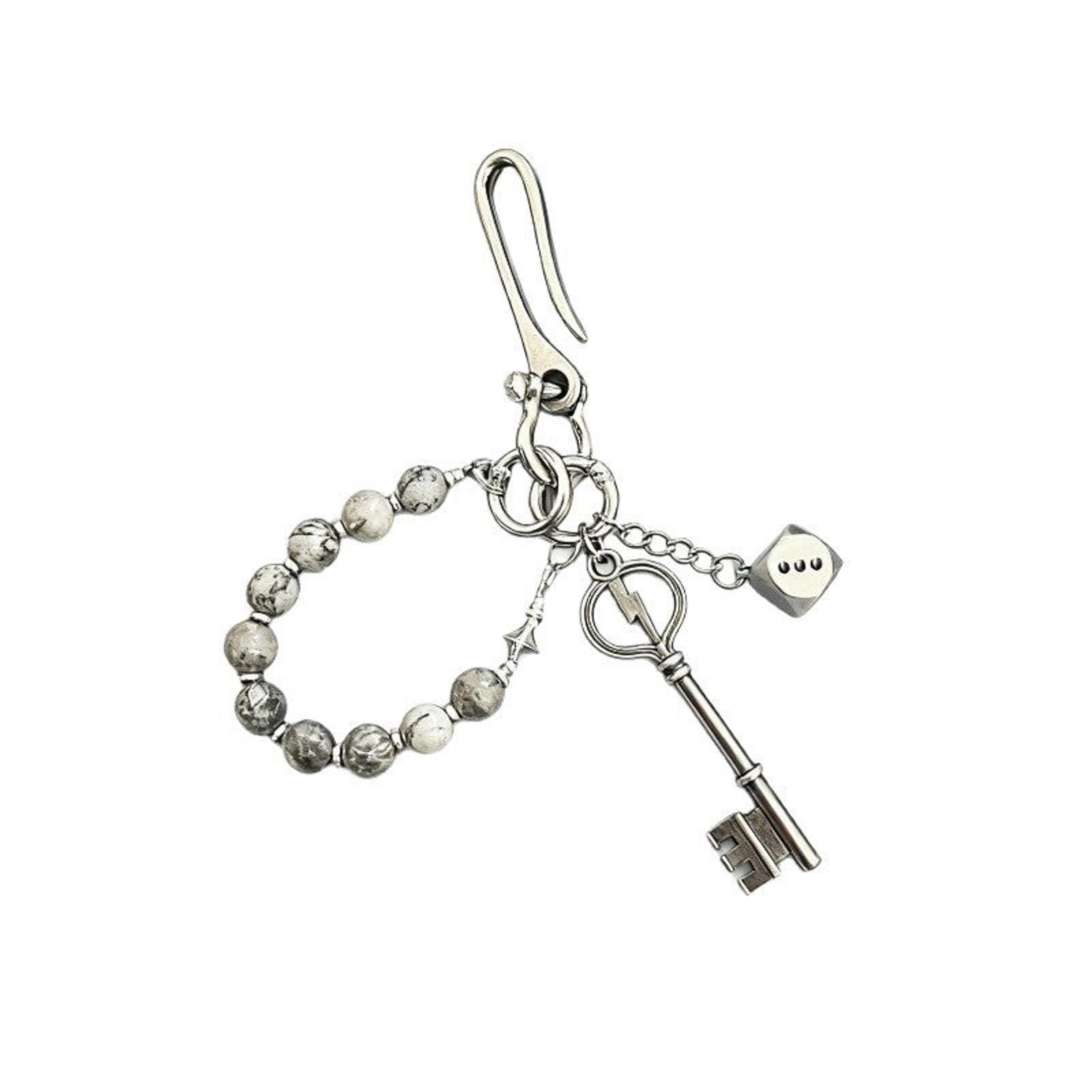 Jewelry Silver Keychain with Marble Beads, Men's Accessory Charm Size ONE SIZE - 5 Thumbnail