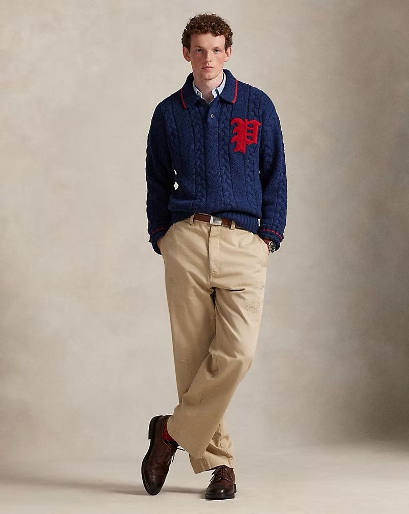 Polo Ralph Lauren Polo Ralph Lauren Cable-Knit Polo-Collar Letter Sweater Navy Size US XL / EU 56 / 4 - 4 Thumbnail