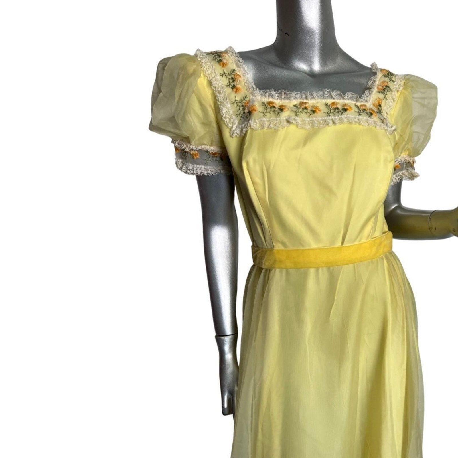 image of Vintage 1970S Regency Era Inspired Yellow Romantic Maxi Dress Small, Women's