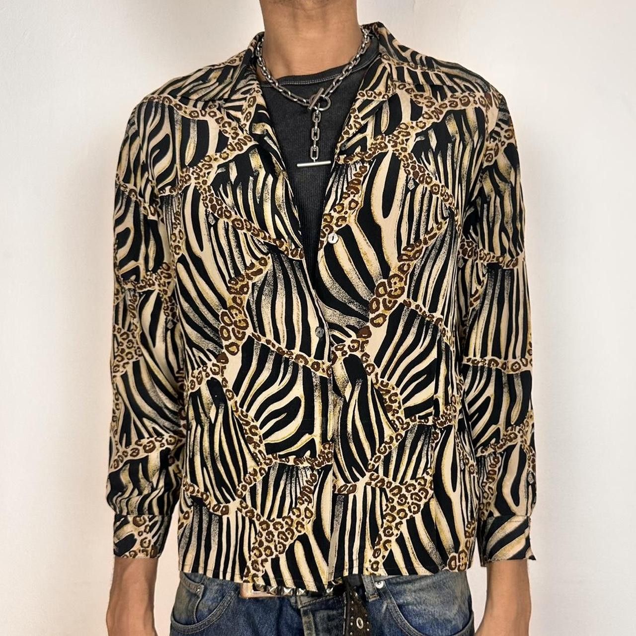 Other Vintage Black Animal Print Silk Shirt - Large Size L / US 10 / IT 46 - 1 Thumbnail