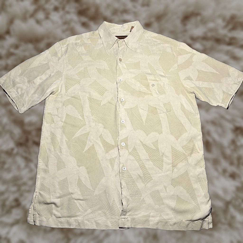 Tori Richard Mens Short Sleeve Hawaiian Shirt Medium Beige Silk