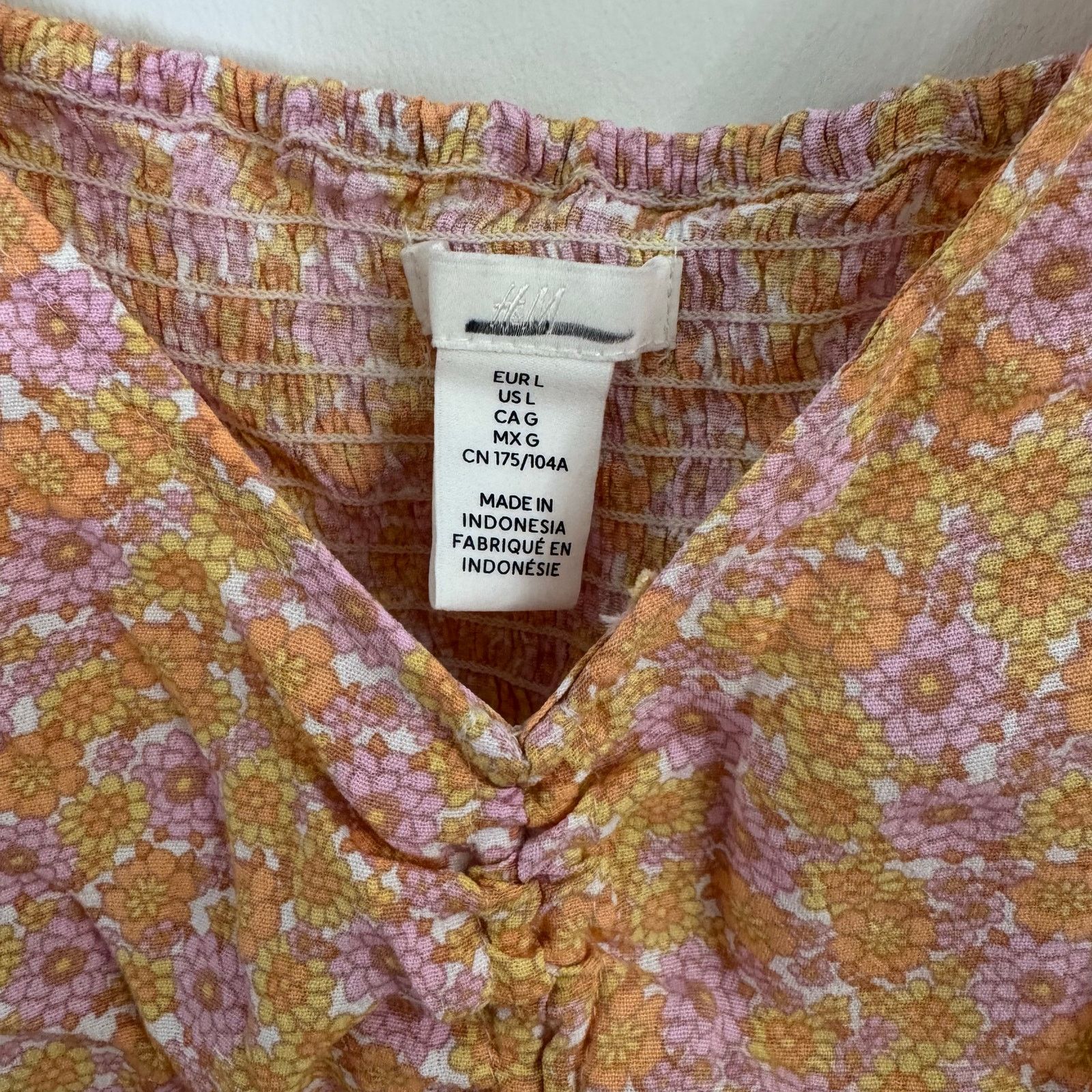 H&M H&M Orange Pink Floral V-Neck Drawstring Blouse Ruched Smock Size US L / EU 52-54 / 3 - 4 Thumbnail