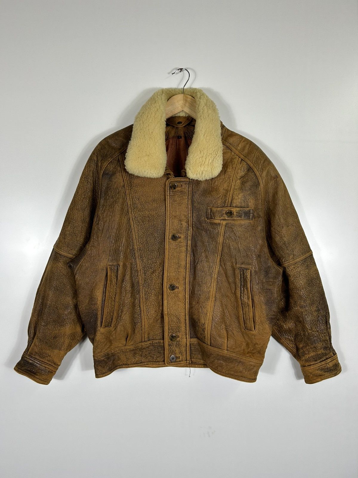 Leather ⚡️Vintage Button Zipper Distressed Leather Bomber Jacket Size US L / EU 52-54 / 3 - 1 Thumbnail