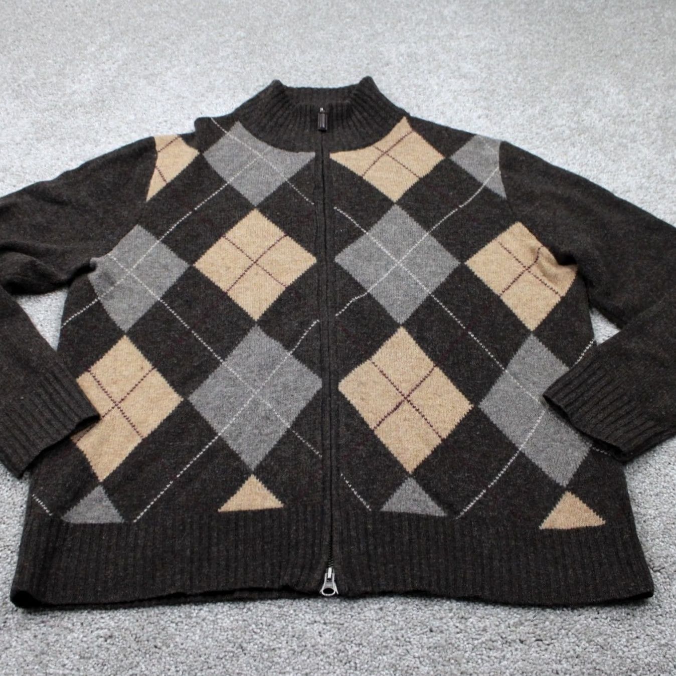 J.Crew J. Crew Sweater Mens Large Brown/Tan Argyle Lambswool Full Zip L/S Sweatshirt Hoodie Size US L / EU 52-54 / 3 - 2 Thumbnail