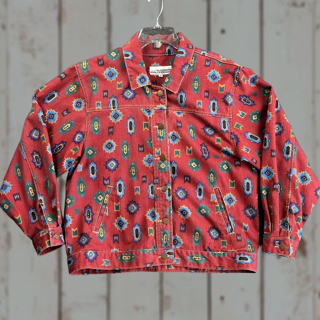 Denime VINTAGE Aztec Southwest Geometric All Over Print Denim Jacket Red M The 1 East Custom Collection Jacket Ladies? Size L / US 10 / IT 46 - 1 Thumbnail