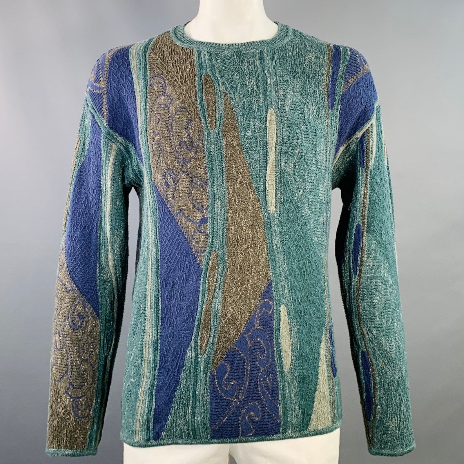 Emporio Armani EMPORIO ARMANI Green Blue Cotton Linen Crew Neck Sweater Size US L / EU 52-54 / 3 - 1 Thumbnail