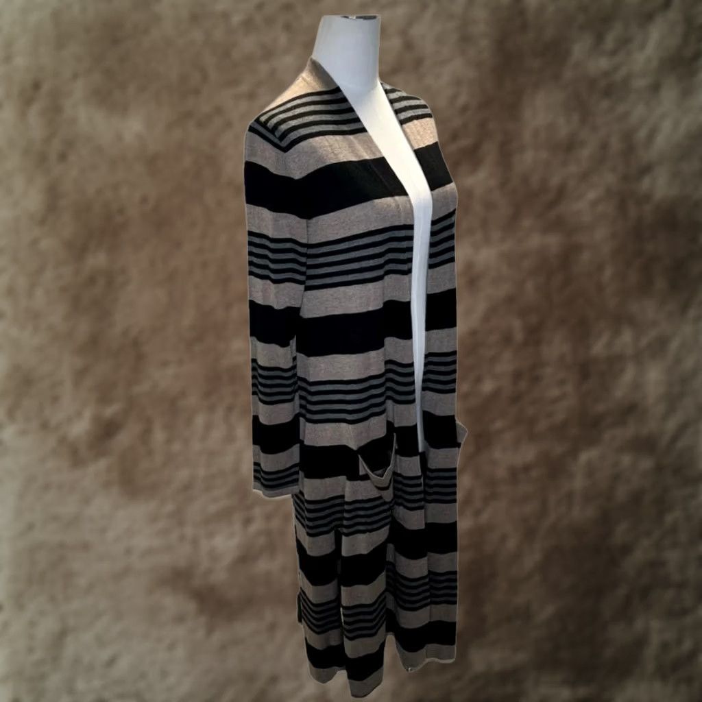 Vintage Laurie Felt Cardigan Sweater Womens M Black Tan Striped Open Front Pockets Long Knit Cashmere Blend Size M / US 6-8 / IT 42-44 - 1 Thumbnail