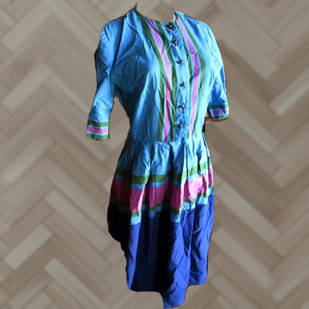 VINTAGE J. Harlan Originals Women's Dress Midi A-Line Button-Front 8 Blue  Green Striped 70s