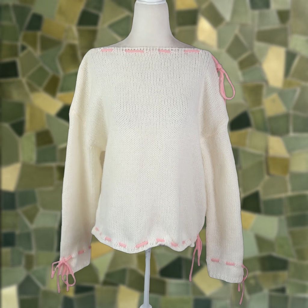 Fashion Nova fashion nova Cream Sweater L Women Long Sleeve Pullover Casual Acrylic Bow Drawstring Pink Coquette L Size L / US 10 / IT 46 - 1 Thumbnail