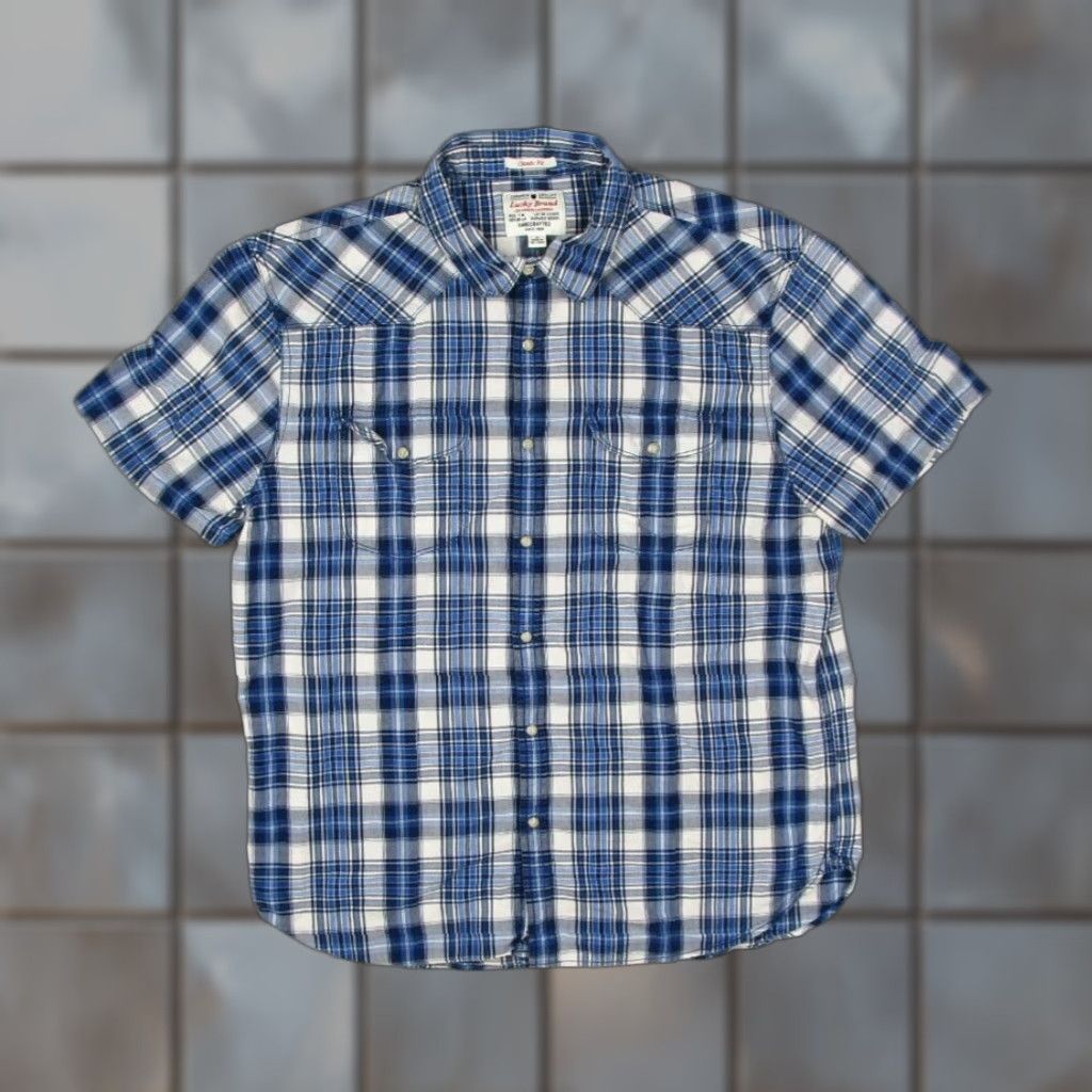 Lucky Brand VINTAGE Lucky Brand Men's Short Sleeve Plaid Western Button-Up Shirt L Blue Cotton Style Cowgirl Retro Size US L / EU 52-54 / 3 - 1 Thumbnail
