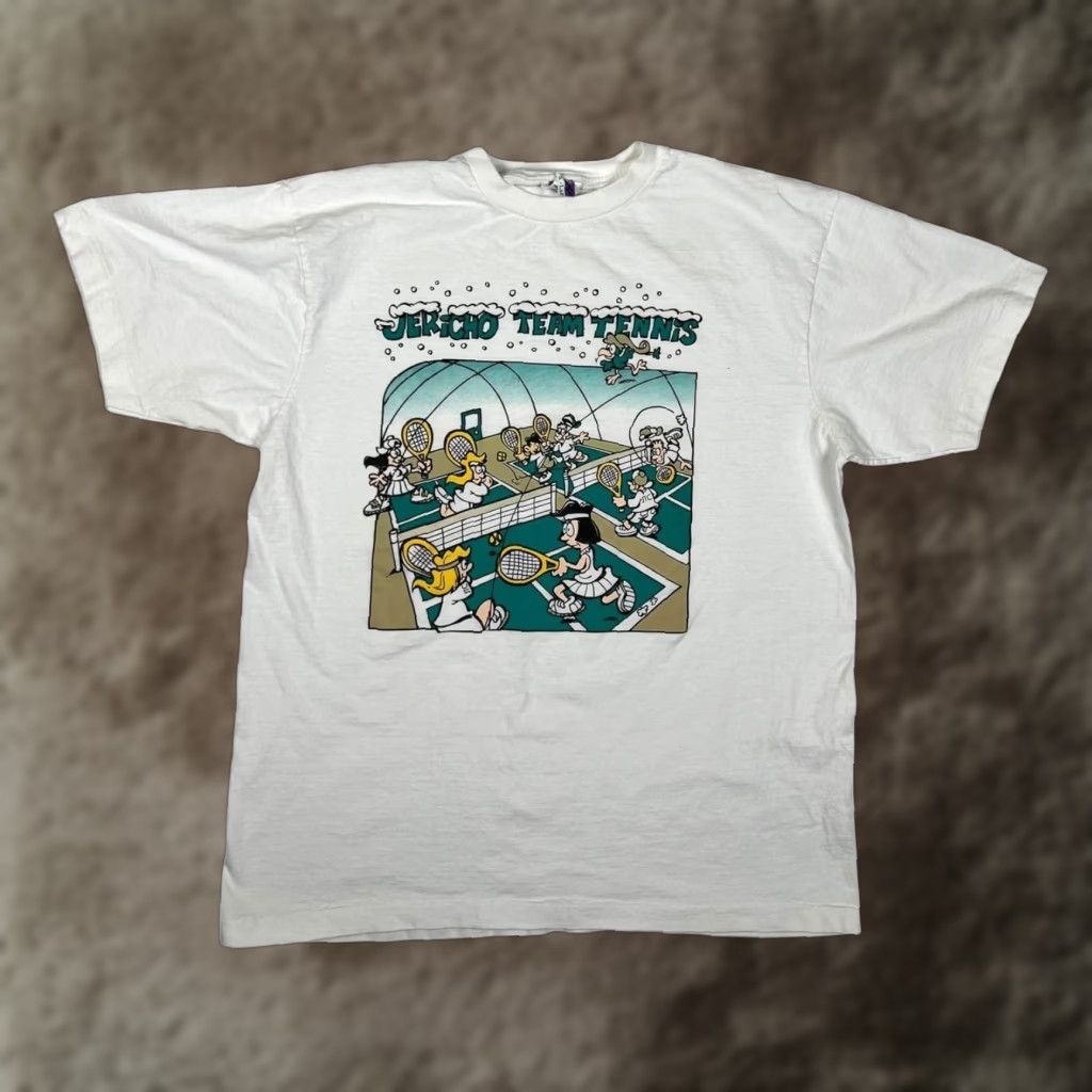 Vintage VINTAGE Jericho Team Tennis T-Shirt Mens XL Humeur Design White Short Sleeve Graphic Print Crew Neck Logo Patch Retro Sports Cartoon Men Size US XL / EU 56 / 4 - 1 Thumbnail