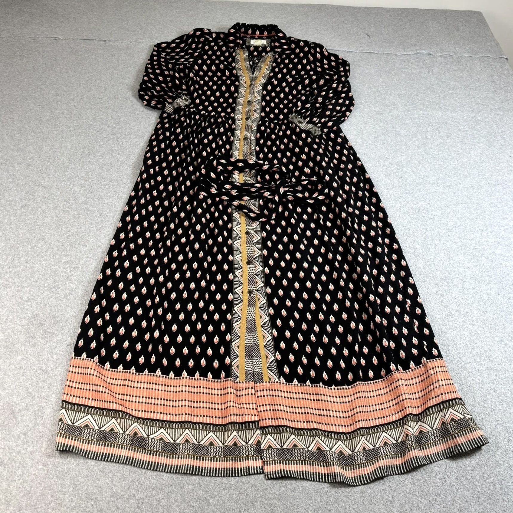 Vintage Maeve Shirt Dress Women 8 Black Geometric Maxi Belted Boho Pockets Size M / US 6-8 / IT 42-44 - 2 Thumbnail