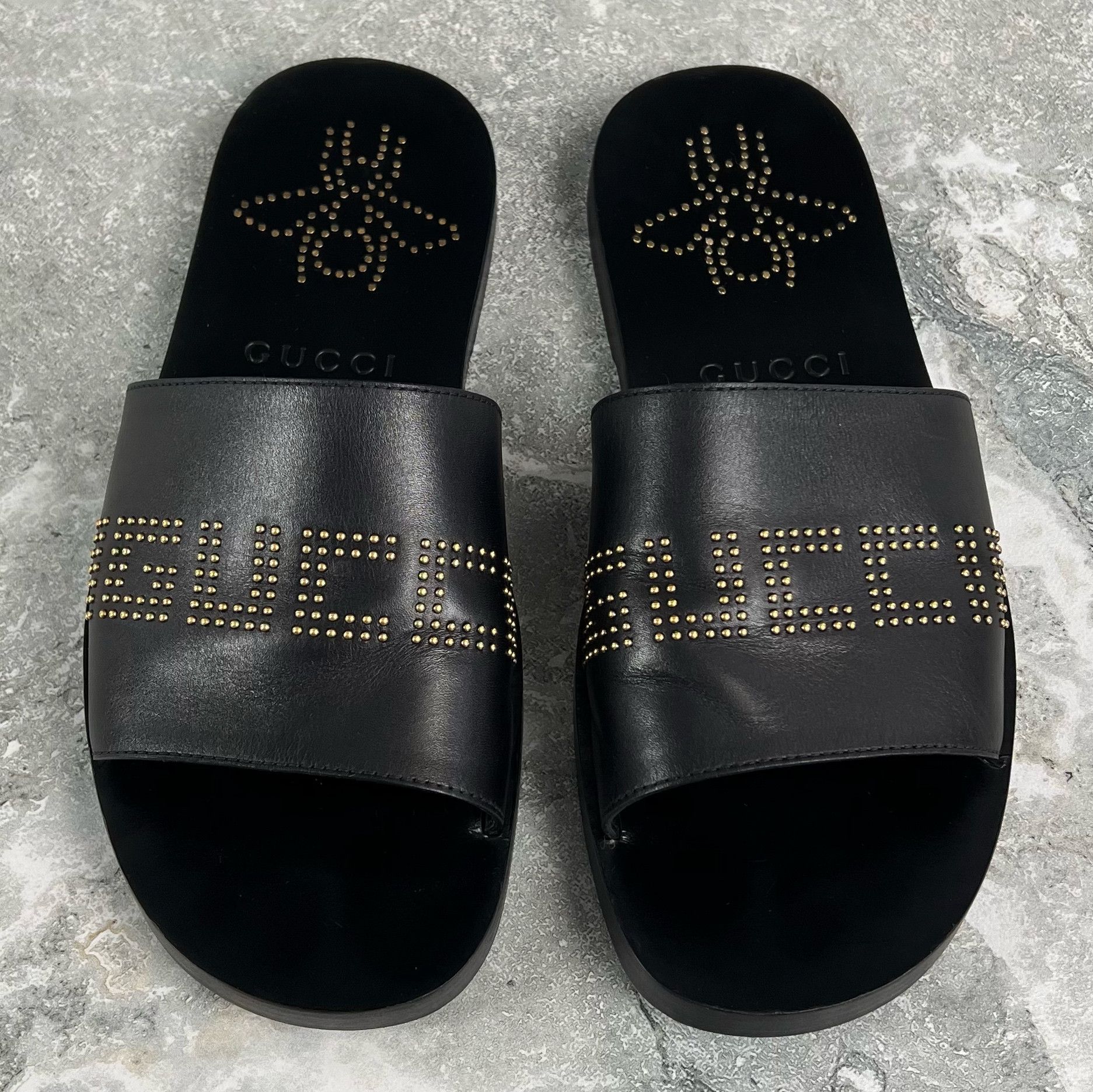 Gucci Studded Logo Bee Slides Sandals Leather Size US 8 / EU 41 - 3 Thumbnail