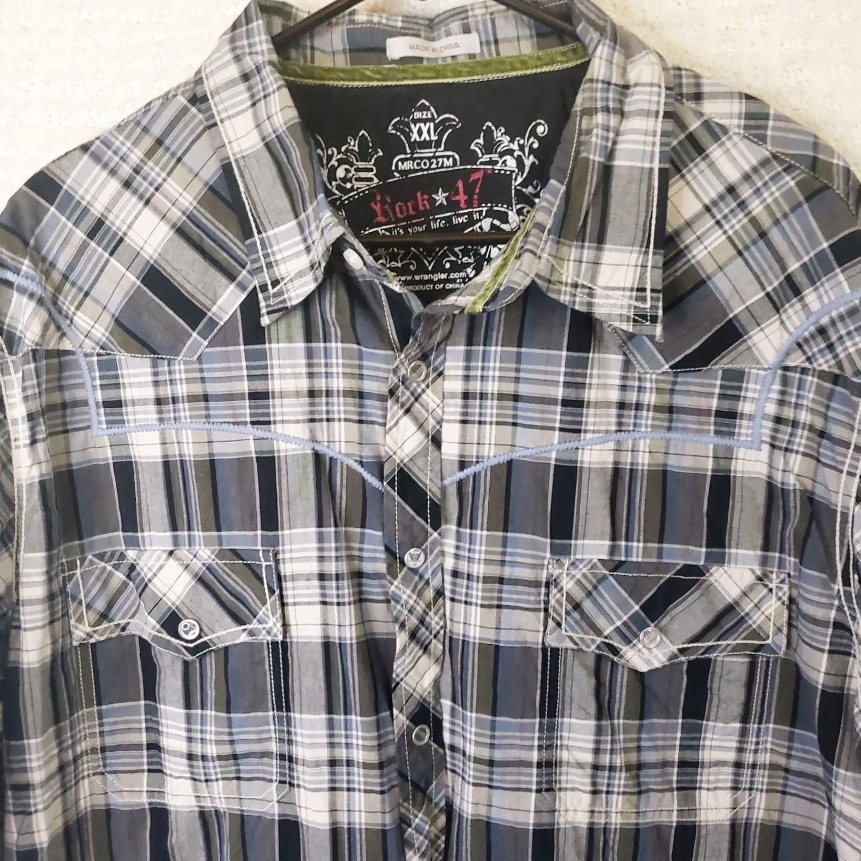 47 Rock 47 Shirt Mens XXL 2XL Long Sleeve Pearl Snap Plaid Gray Black Size US XXL / EU 58 / 5 - 3 Thumbnail