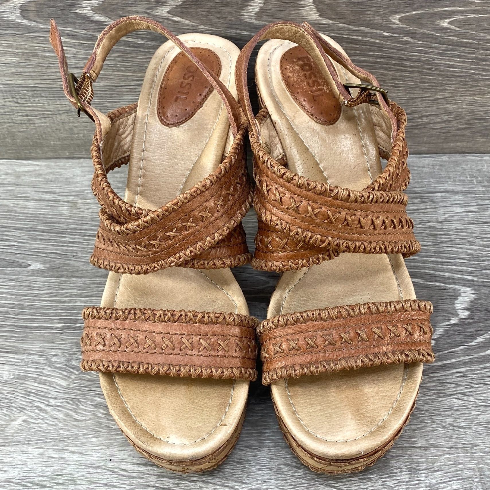 Fossil Fossil Brown Leather Braided Knit Cork 3" Heel Sandal Boho Western Buckle 7.5 Size US 6 / IT 36 - 3 Thumbnail