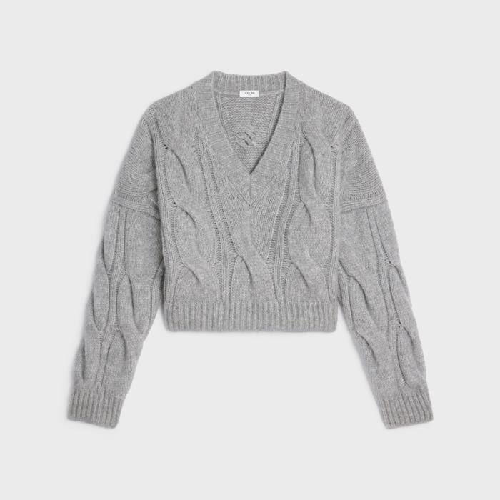 Celine o1w1db10125 2AF74086U Cable Knit V-Neck Sweater in Grey Size L / US 10 / IT 46 - 1 Thumbnail