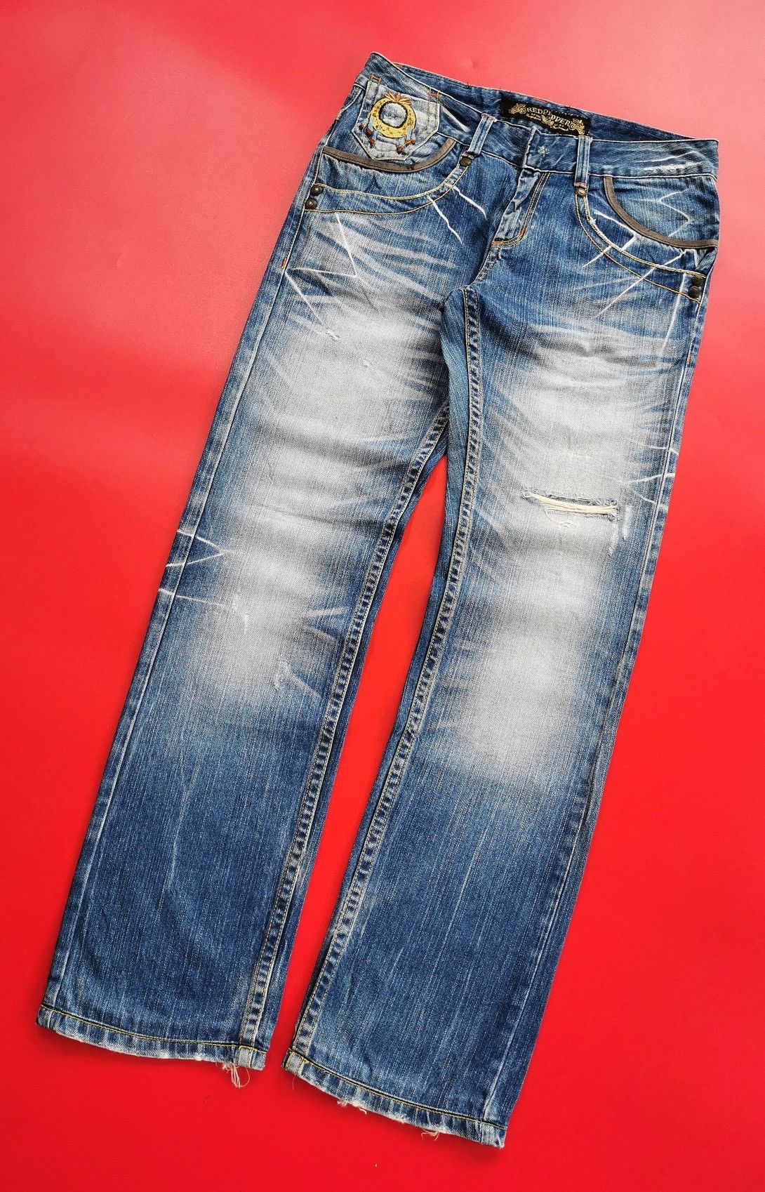 If Six Was Nine Red Pepper Red Indian Embroidery Denim Jeans Size US 32 / EU 48 - 8 Thumbnail