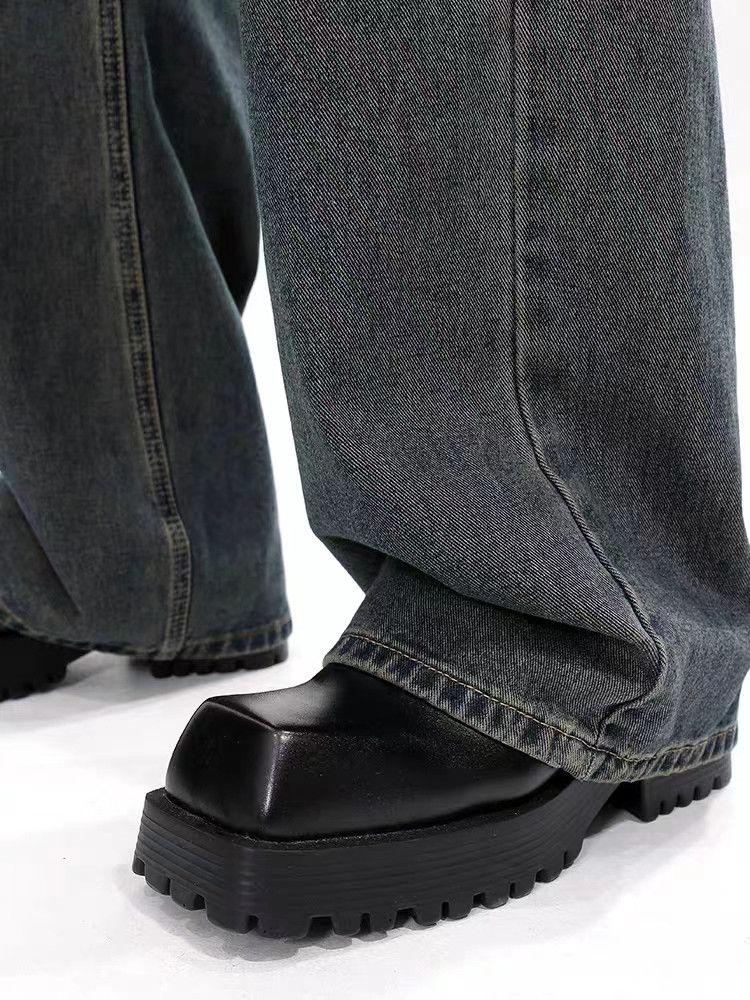 Street Vintage Washed Distressed Straight Jeans