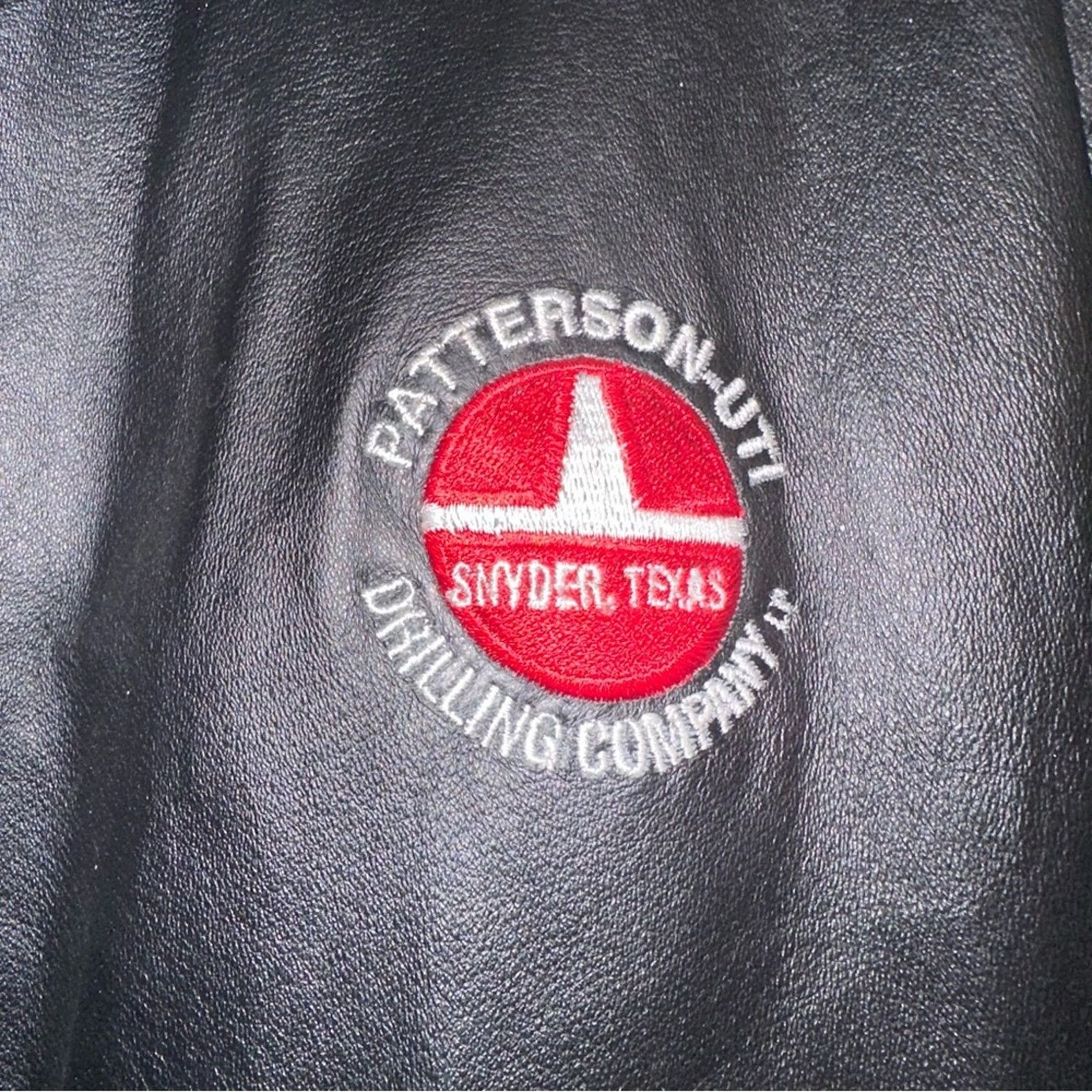 Men’s Burks Bay black Leather Jacket sz L Drilling Logo