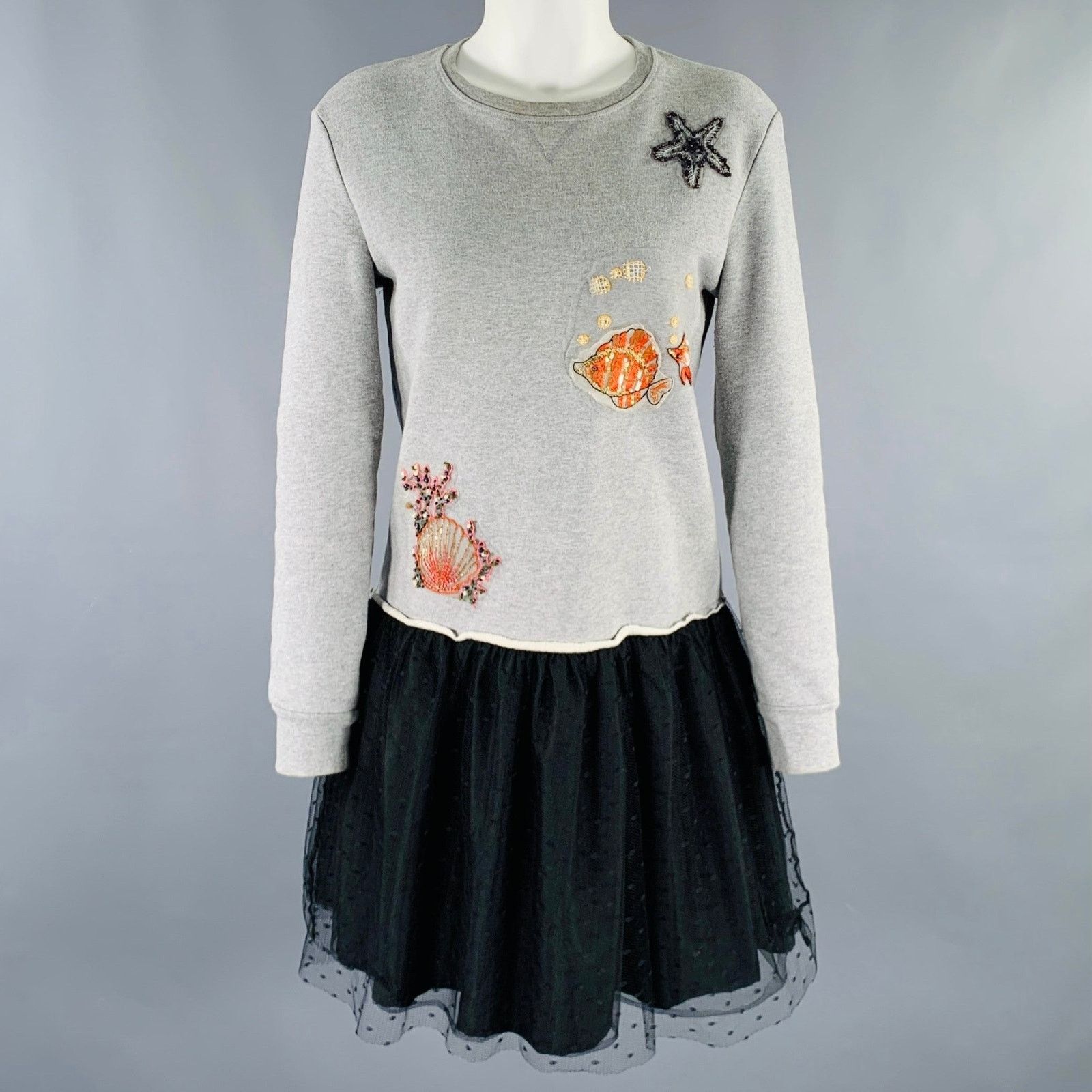 RED Valentino Size XS Grey Black Cotton Embroidered Sweatshirt Dress Size XS / US 0-2 / IT 36-38 - 1 Thumbnail