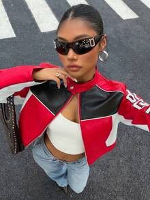 Other Women’s Red Cropped Racing Jacket | Black White Moto Style Size L / US 10 / IT 46 - 7 Thumbnail