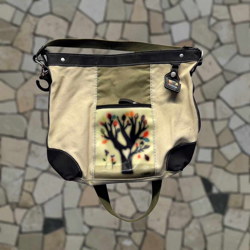 Vintage Sherpani Tote Bag Women's 14 Beige Canvas Leather Exterior Zip Closure Tree Bird Design Adjustable Strap Size ONE SIZE - 1 Thumbnail