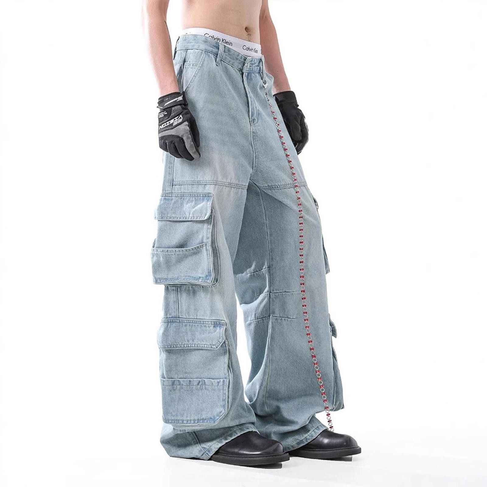 Vintage Light Blue Baggy Cargo Denim Jeans, Wide Leg Jeans Size US 32 / EU 48 - 2 Thumbnail