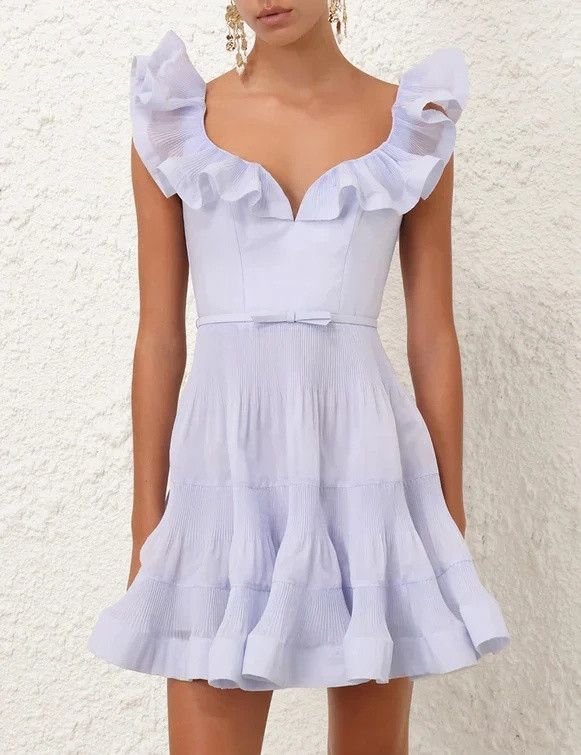 Zimmermann oc11z1025 Pleated Frill Mini Dress in Light Blue Size XS / US 0-2 / IT 36-38 - 2 Thumbnail