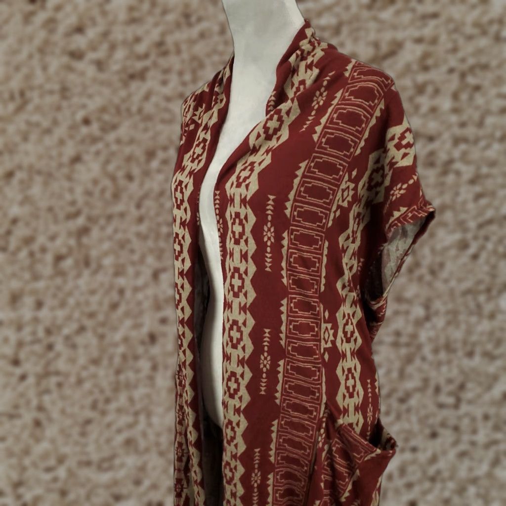 Vintage Womens Cardigan Duster Long Open Front Lighweight USA Burgundy Tan Medium Size M / US 6-8 / IT 42-44 - 1 Thumbnail