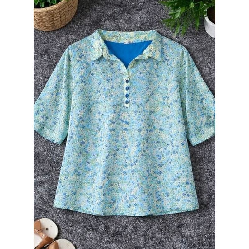 Other Floral Blouse Blue Green Short Sleeve Button V Neck Top LG Size L / US 10 / IT 46 - 4 Thumbnail