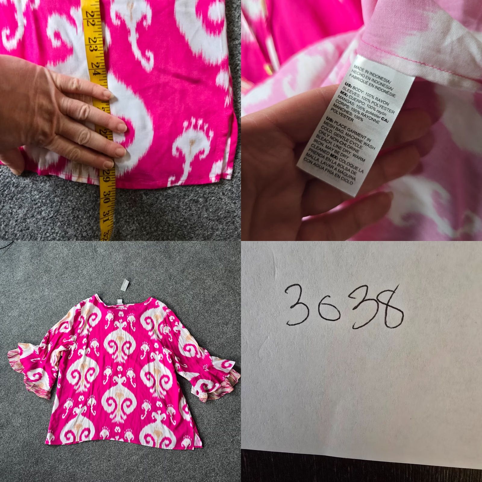 Vintage Chico's Top Womens Size 22 Pink Ikat Flare Sleeve V Neck Tassels Beachy Casual Blouse Size 3XL / US 20-22 - 8 Thumbnail