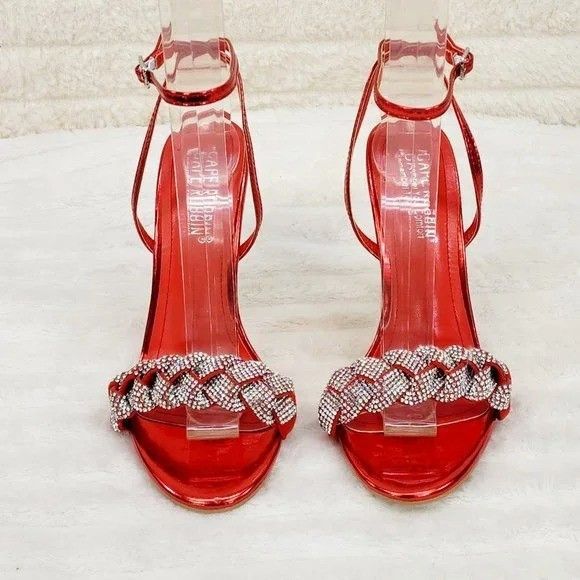 Other Eva Red Metallic Braided Rhinestone Stiletto Heel Wrap Strap Size US 10 / IT 40 - 5 Thumbnail