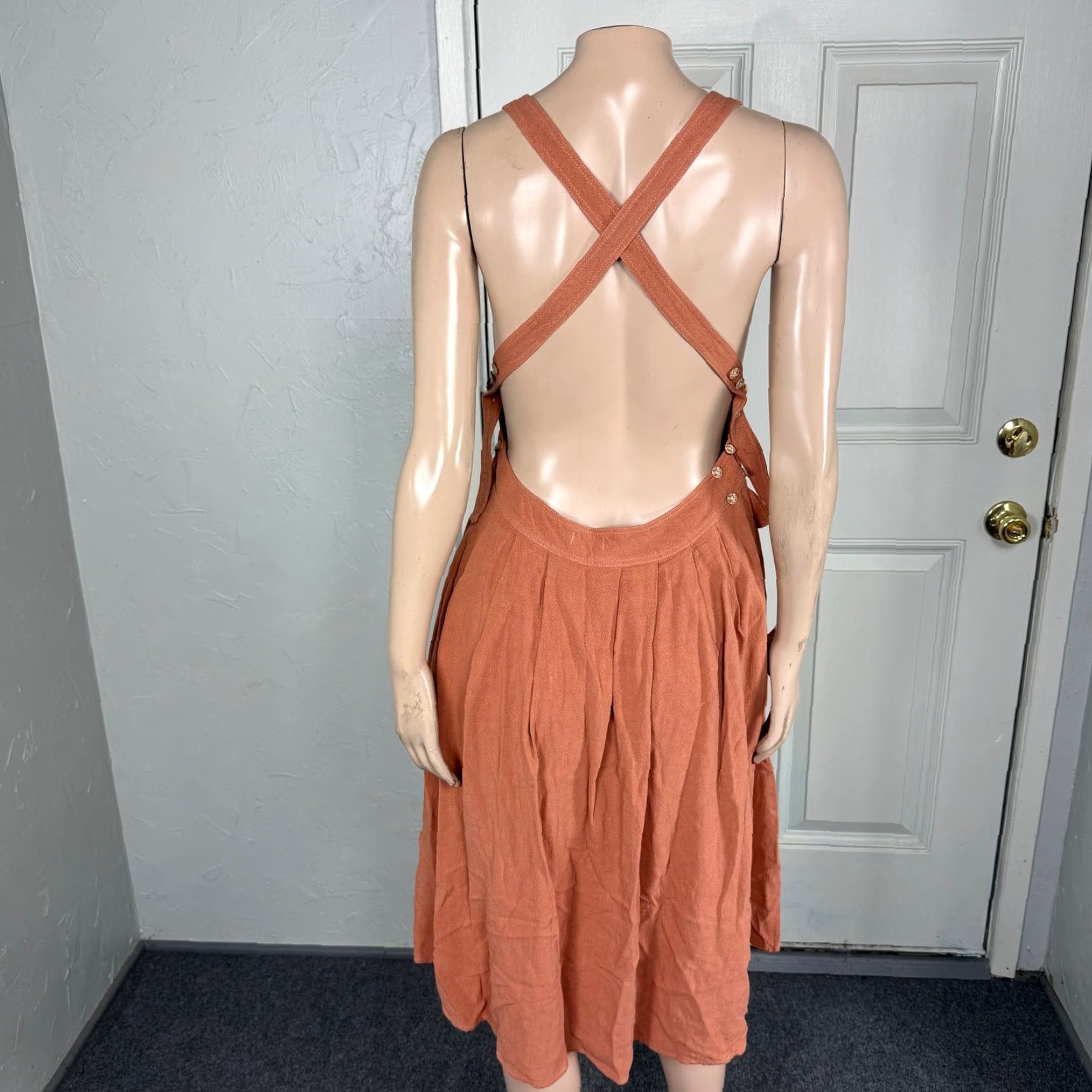 Vintage Lelasilk Women's Dress Apron Sleeveless Cotton Open Back Pockets LL20 - Salmon Orange Solid Knit Knee Length Casual Square Neck Sleeveless Dress Size S / US 4 / IT 40 - 5 Thumbnail