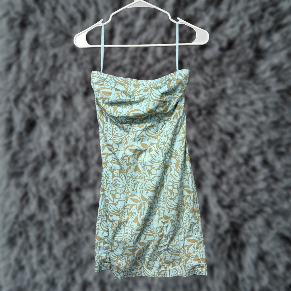 Gap VINTAGE Gap Sundress Women's 2 Green Gold Tropical Floral Stretch Mini Sundress with Spaghetti Straps and Zip Closure Size XS / US 0-2 / IT 36-38 - 1 Thumbnail