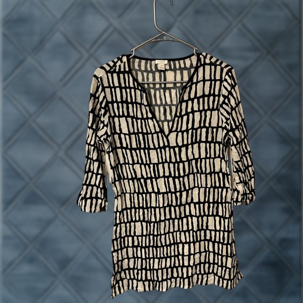 J.Crew J.CREW Blouse Shirt Women’s White & Black V-Neck 3/4 Sleeve Pullover Tissue Tunic XS Multicolor Classic 100% Cotton Size XS / US 0-2 / IT 36-38 - 1 Thumbnail
