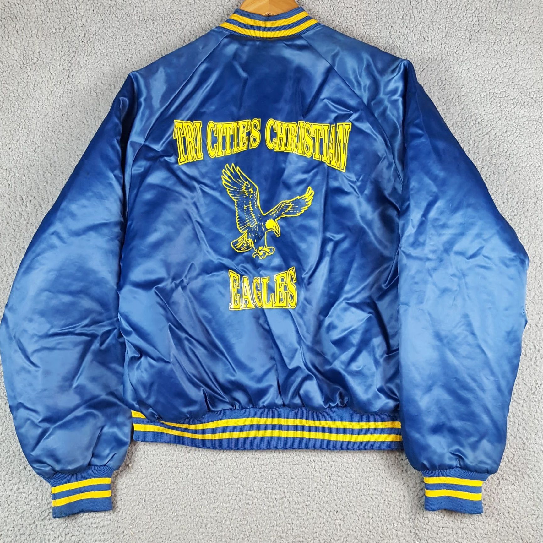 Vintage VINTAGE Nasco Windbreaker Jacket 80s 90s Satin Bomber Tri Cities Christian Eagles XL Navy Blue Logo Embroidered Full Zip Men's Jacket Size US XL / EU 56 / 4 - 5 Thumbnail