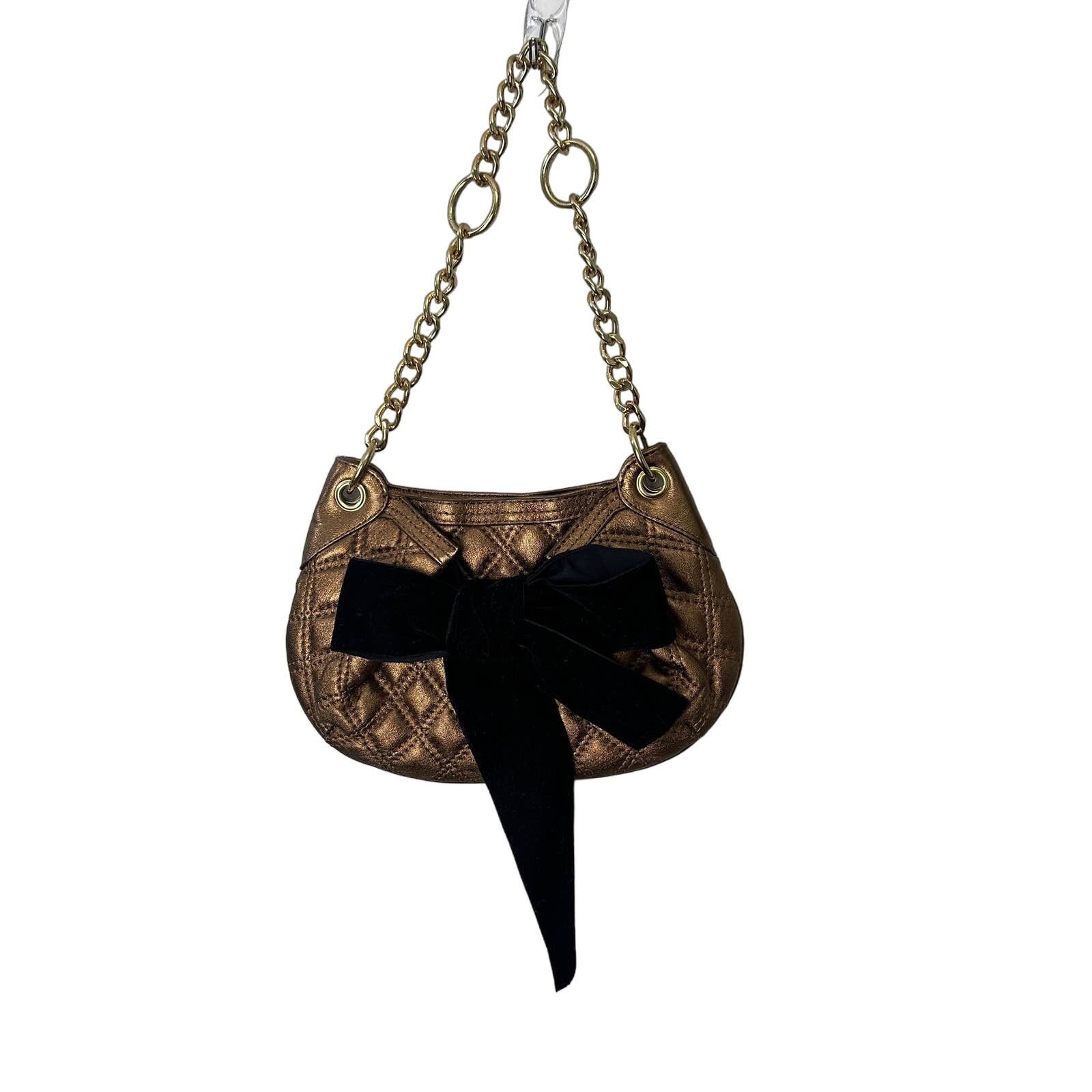 Bcbgmaxazria Gold Bronze Look Quilted Purse Black Velvet Bow Chain Size ONE SIZE - 4 Thumbnail