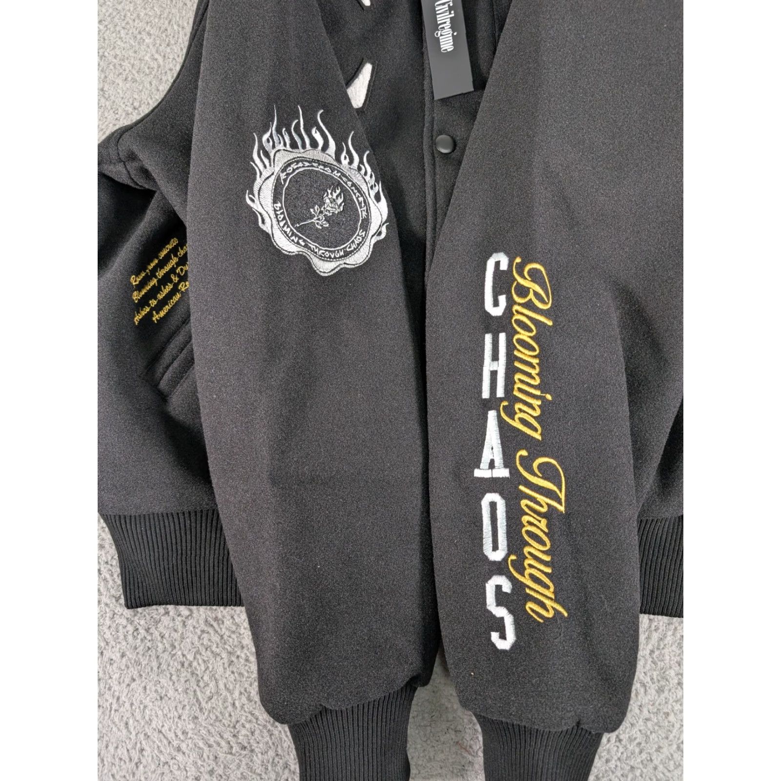 Vintage Civil Regime Blooming Skies Varsity Jacket Mens Small Black Embroidered Pegasus Chaos Logo Button Pockets Lined Insulated All Seasons Casual Travel Size US S / EU 44-46 / 1 - 4 Thumbnail