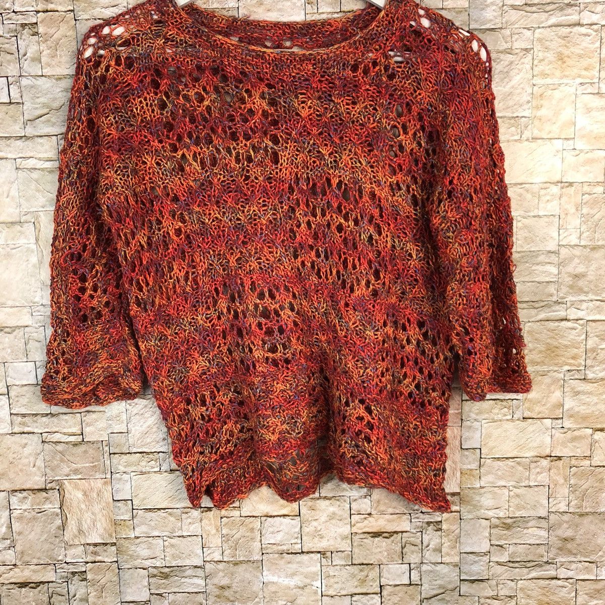 Homespun Knitwear × Japanese Brand × Vintage Japan crochet meshnet Orange Knitwear short sleeve #A1055 Size S / US 4 / IT 40 - 3 Thumbnail
