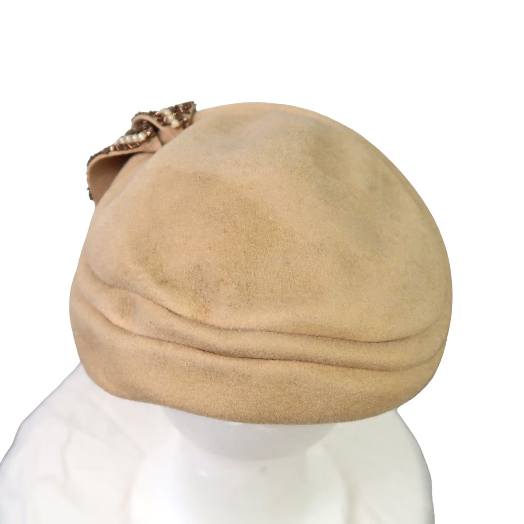 FELT VINTAGE Tan Felt Wool Bead Embellished Fascinator Beret Hat Women 50s Formal Party/Cocktail One Size Wool 100% Size ONE SIZE - 3 Thumbnail