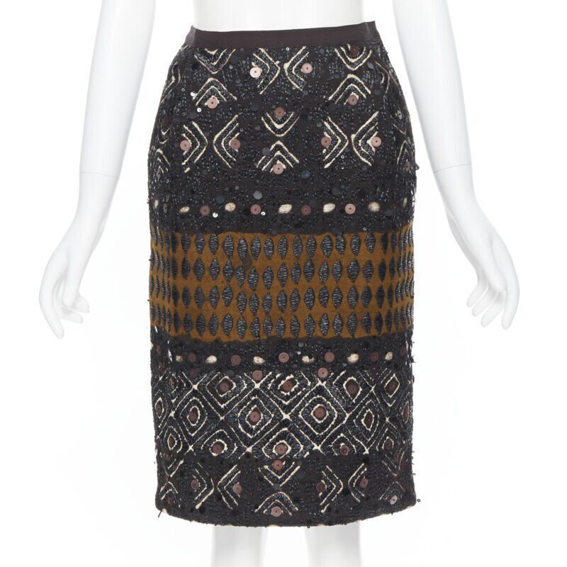 Oscar De La Renta OSCAR DE LA RENTA 2008 brown raffia sequins embellished jacquard skirt US0 24" Size 25" / US 0 / IT 36 - 1 Thumbnail