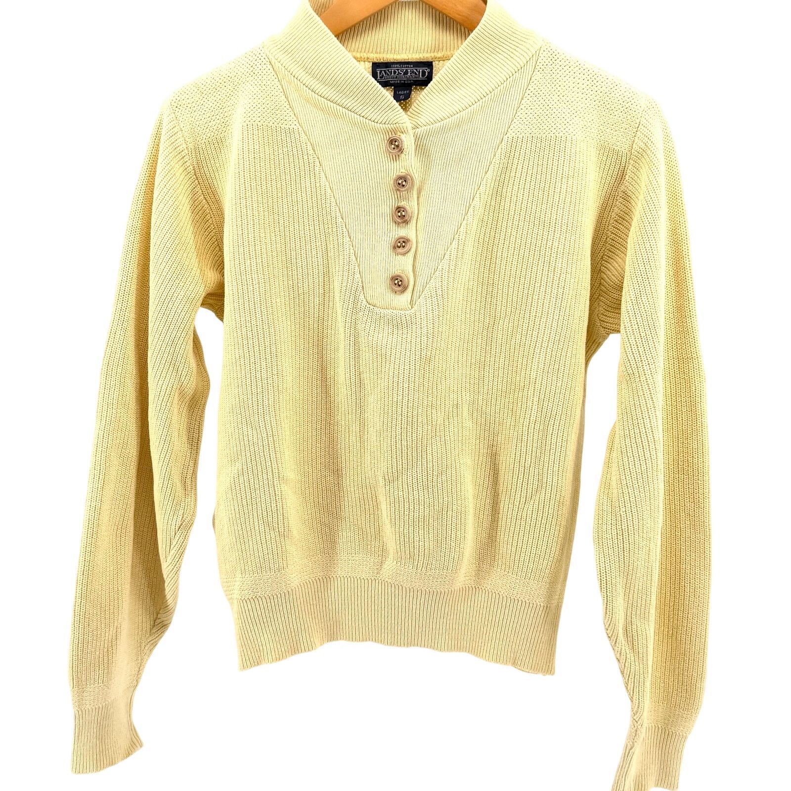 Lands' End Vintage 90s Pastel Yellow 100% Cotton Henley Knit Sweater Size S / US 4 / IT 40 - 1 Thumbnail