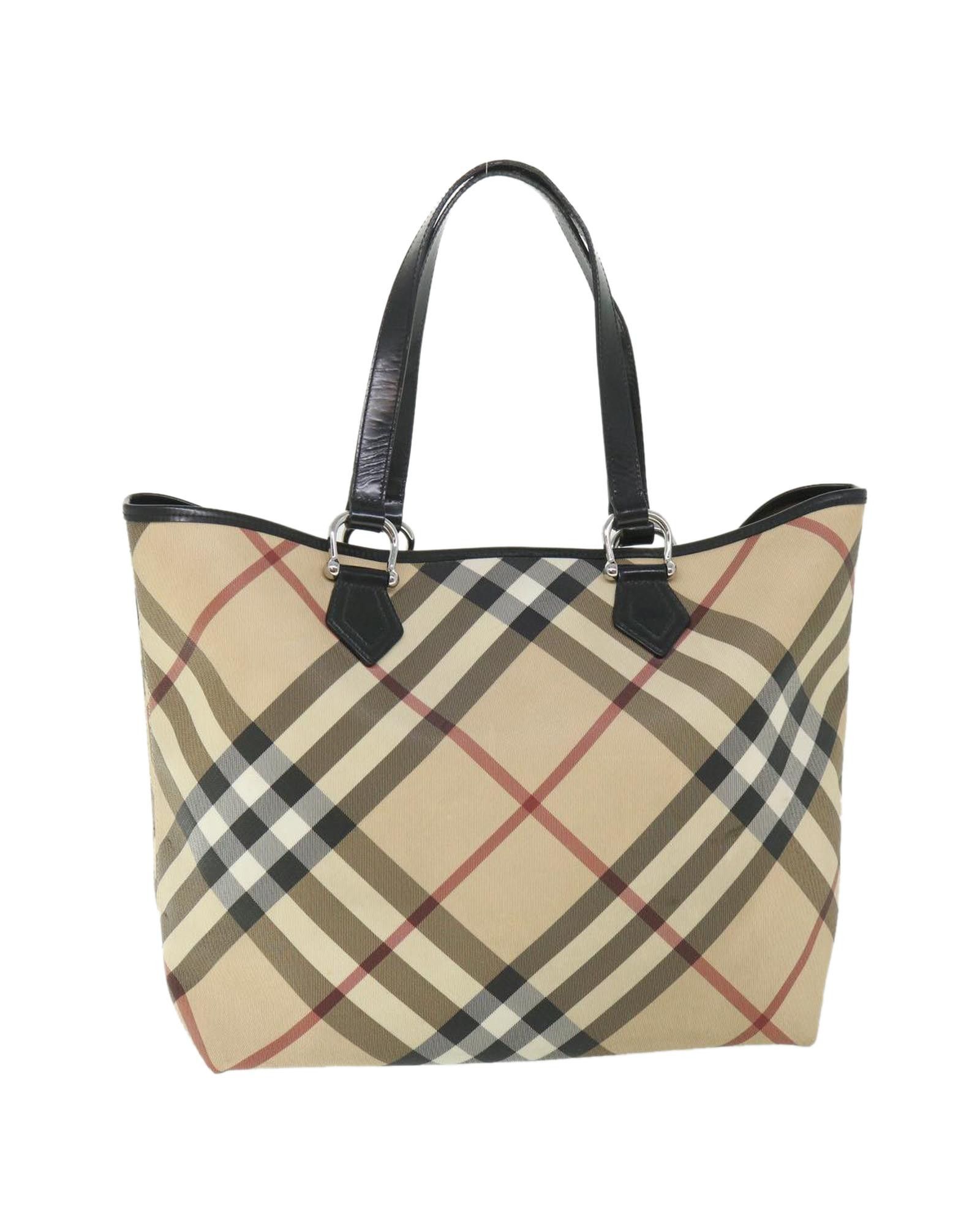 image of Burberry Coated Canvas Hand Bag With Nova Check Pattern in Beige, Women's