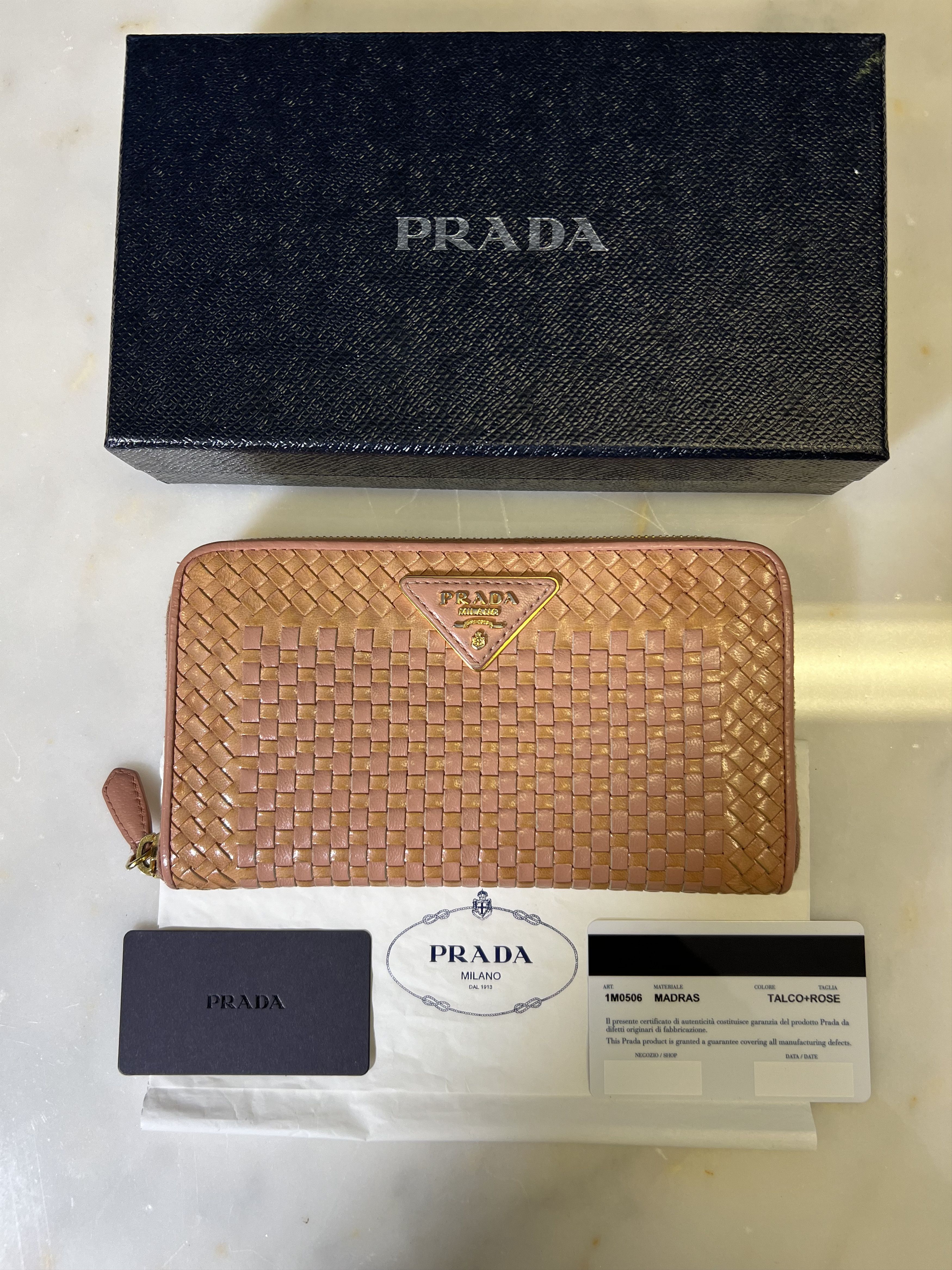 image of Prada Madras Woven Wallet Talco + Rose in Peach, Women's
