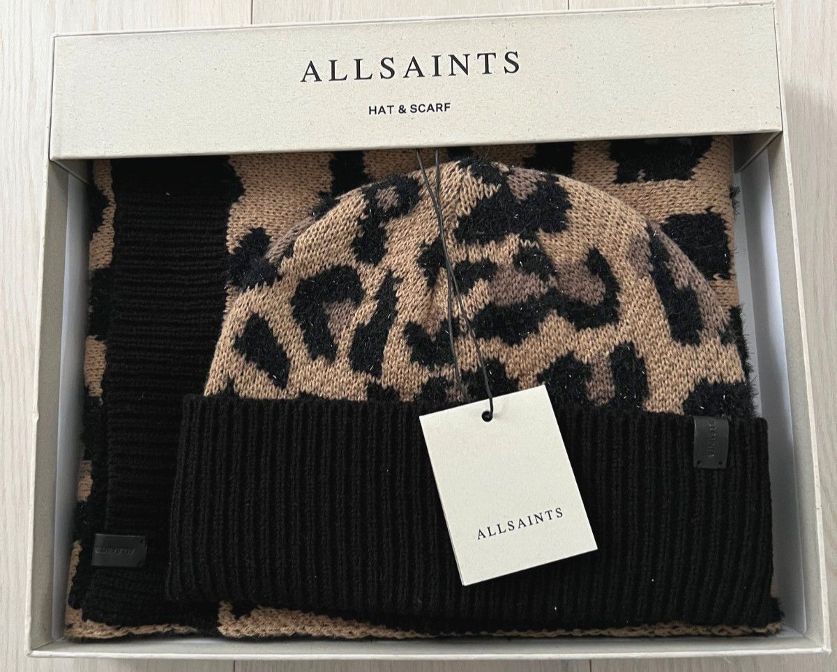 Allsaints AllSaints Knit Leopard Black Beanie Hat & Scarf Set in Box Size ONE SIZE - 1 Thumbnail