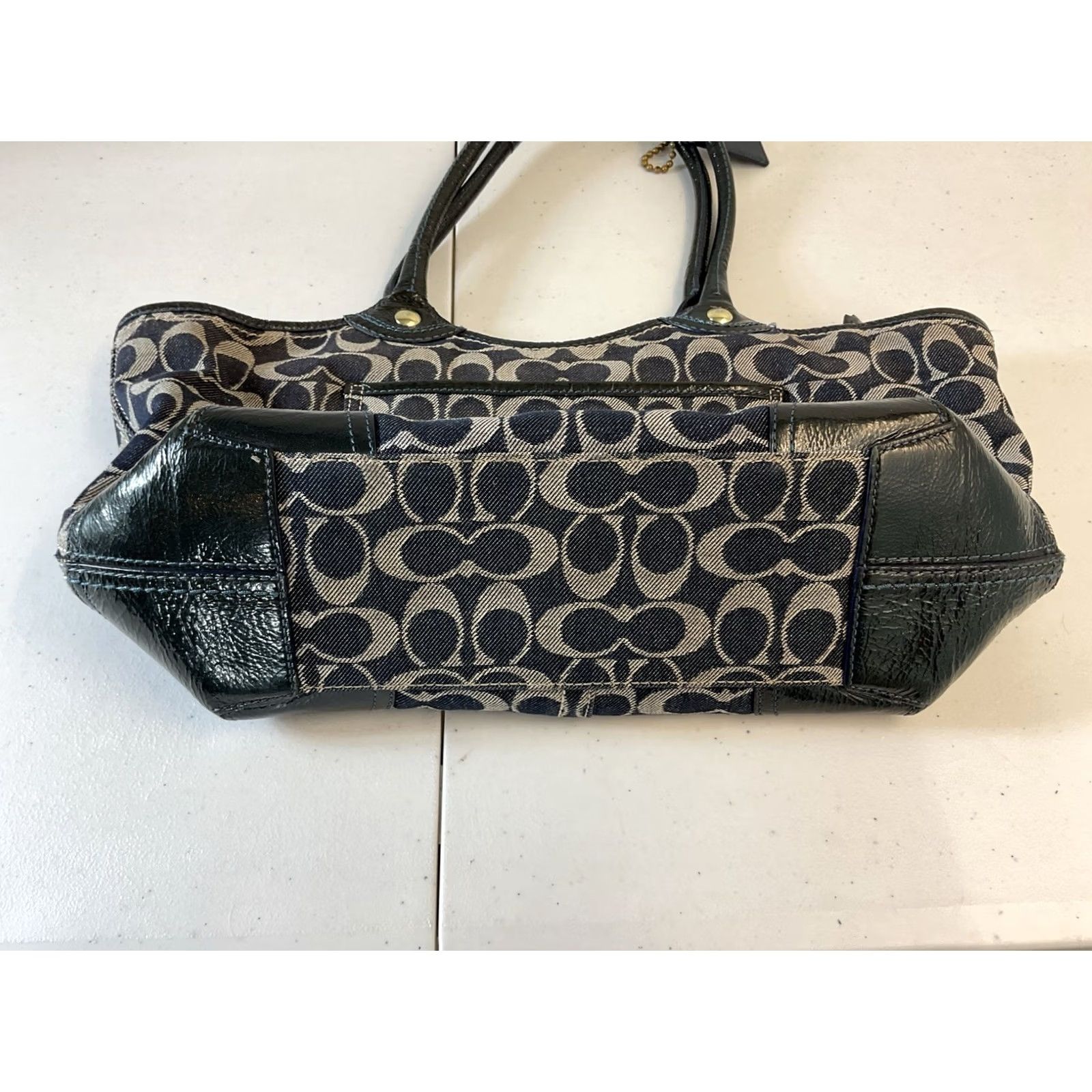 VINTAGE Coach Navy Black Canvas Patent Leather Tote Shoulder Bag 